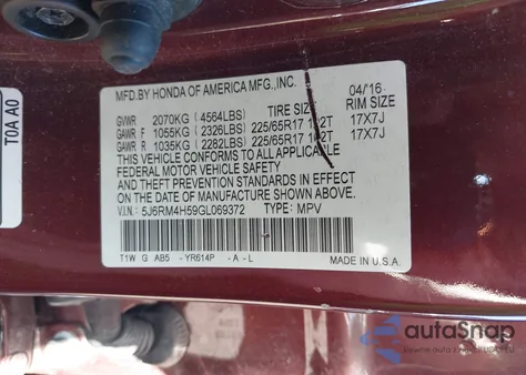 2016 Honda Cr-V Ex from USA, damaged, VIN 5J6RM4H59GL069372